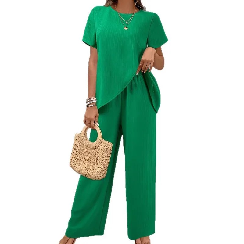 

Solid color short sleeve two piece sets womens outifits loose irregular pant sets