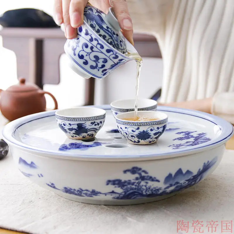 

Chinese Ceramic Tea Tray Household Round Water Storage Tray High-grade Tea Set Storage Living Room Trays Decorative