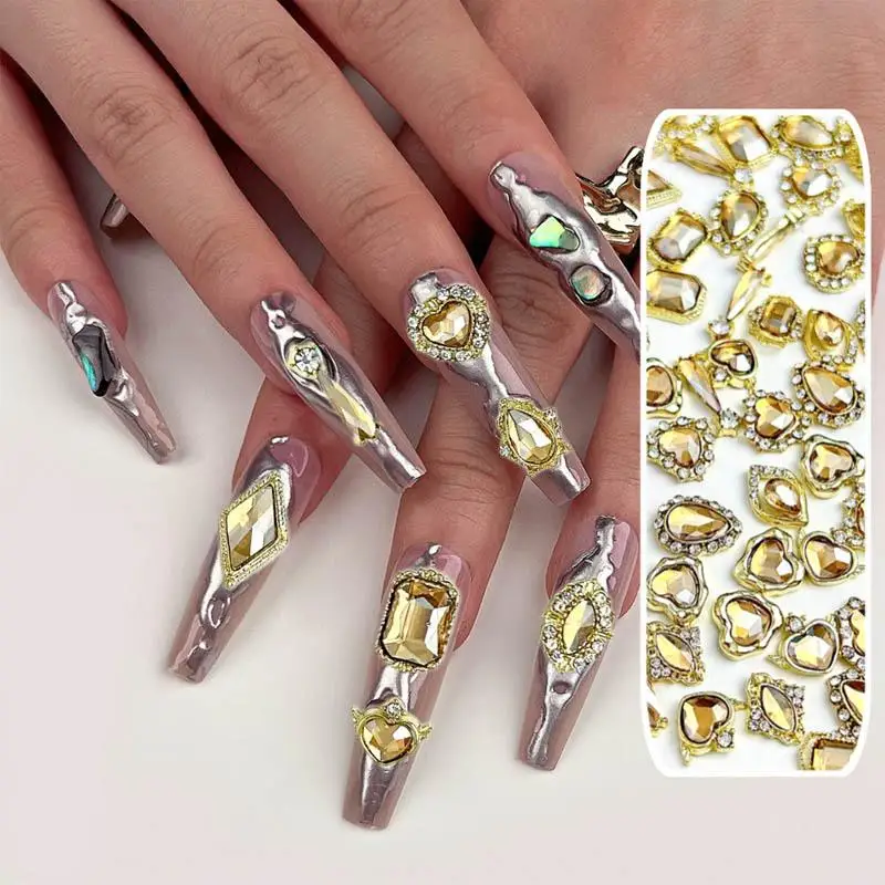 10 stuks licht luxe onregelmatige legering nagelsteentjes hart waterdruppel champagnekleurige diamant nagelkristal doe-het-zelf nageldecoraties