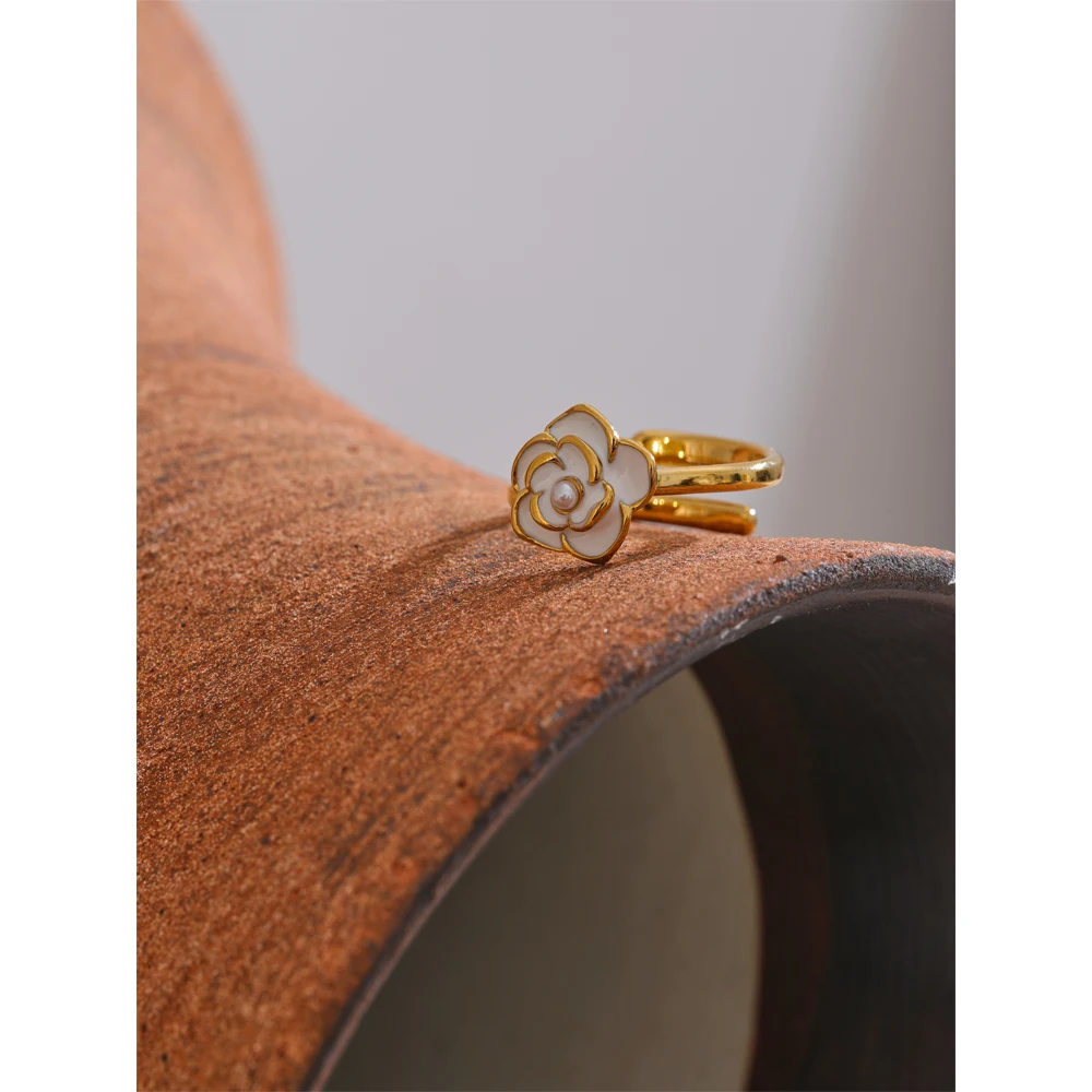 Yhpup Trendy Style Pearl Enamel Flower Adjustable Ring for Women Stainless Steel Gold Color Charm Jewelry Wholesale Gift