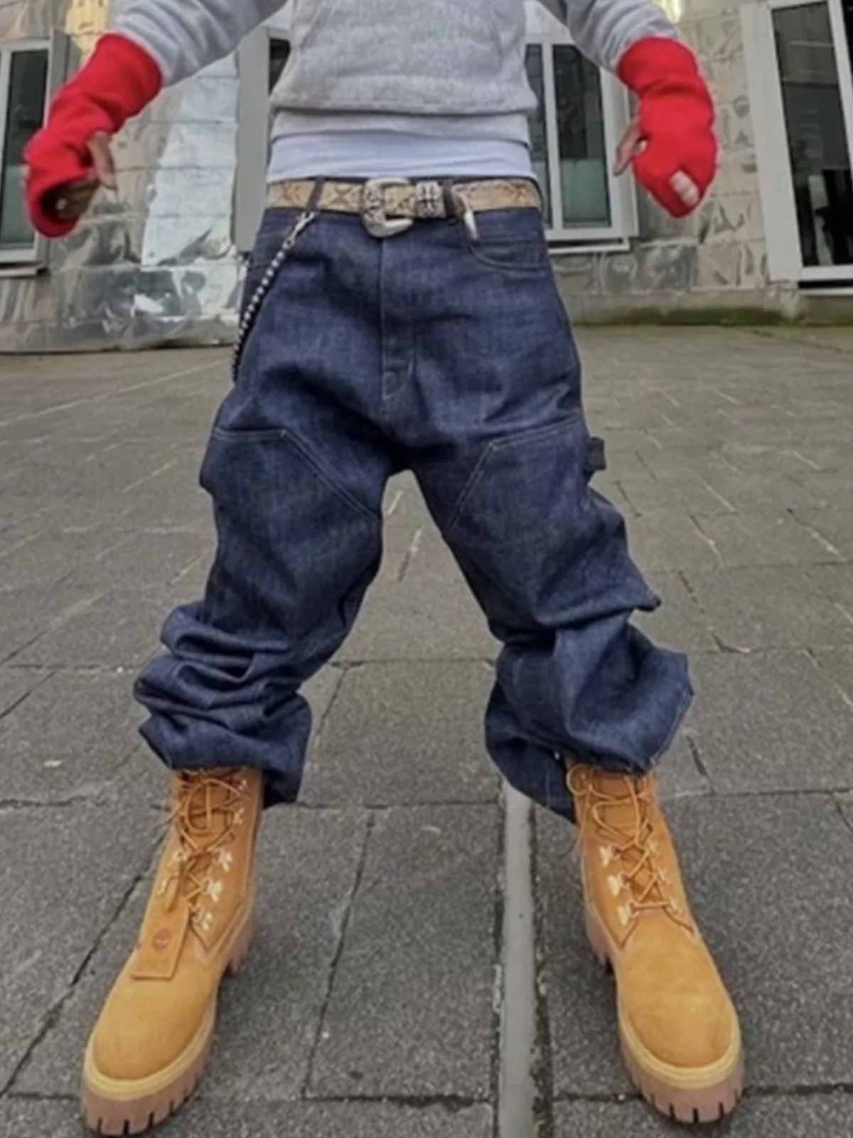 MIJKO Hip-hopowe niebieskie jeansy baggy z denimu, luźne spodnie męskie w stylu amerykańskim z szerokimi nogawkami i długim dołem, spodnie Tide ZJ081