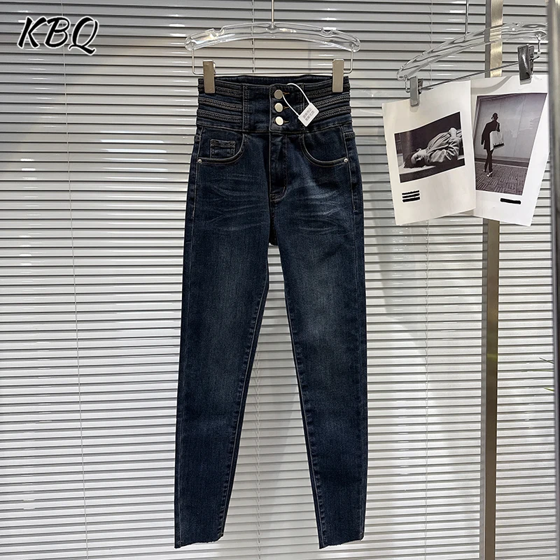 

KBQ однотонные утягивающие пуговицы, плюшевые брюки для женщин, высокая талия, ретро лоскутные карманы, брюки-карандаш, женские зимние новые брюки