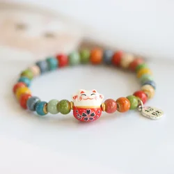 Cute Lucky Cat Bracelet For Girls Adjustable Colorful Beaded Bracelets Ceramics Cat Pendant Charm Bracelets Jewelry Wholesale