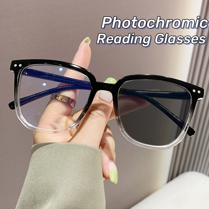 Color Changing Presbyopia Glasses Women Men Ultralight Large Frame Reading Glasses Finished Anti Blue Light Eyewear Diopter