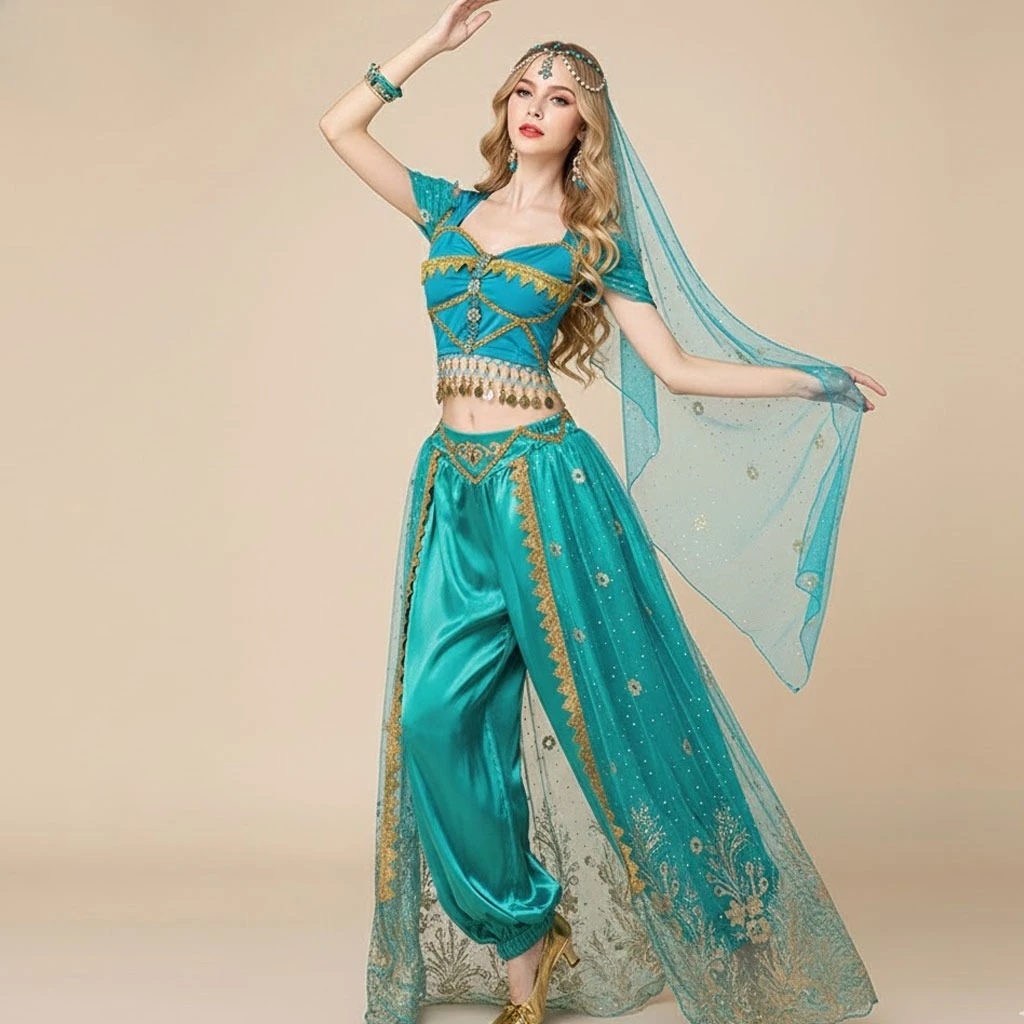 

Women's Arabian Princess Costume Jasmine Cosplay Set Belly Dance Harem Pants Top with Face Veil for Halloween belly dance belt