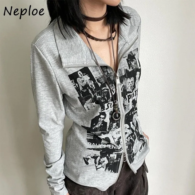 Neploe Korea Chic Minority Simple Y2K Rock and Roll Crop Top All-match Slim Print E-Girls Mujer Harajuku Zip Vintage New T-shirt