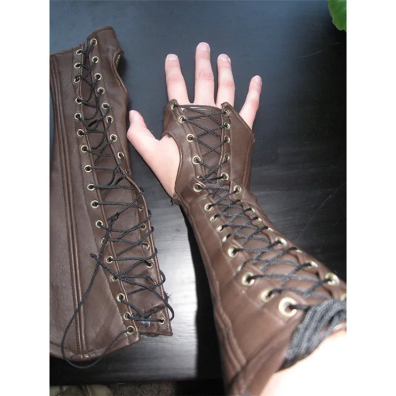 Mens Steampunk Warrior Gauntlet Renaissance Knights Templar Leather Lace-up Wristband Medieval Armor Gloves Wide Cuffs Bracers