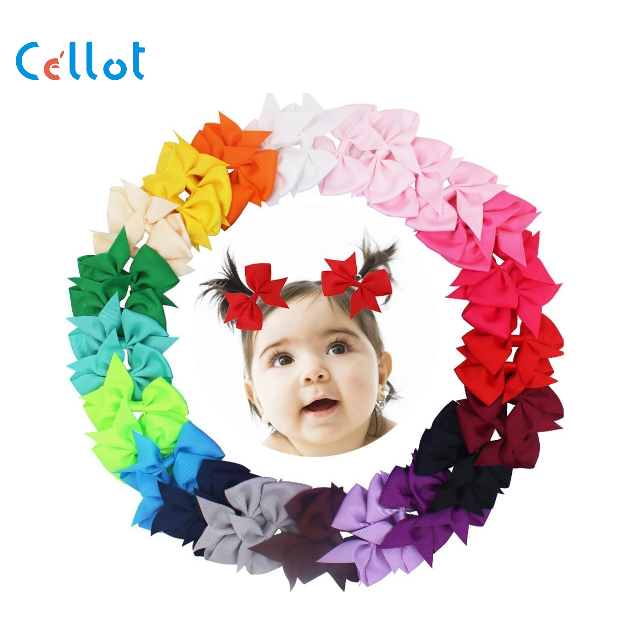 CELLOT 40pcs (20Pair) 3.5" Boutique Hair Bows Girls Kids Children Alligator Clip Grosgrain Ribbon Headbands 20 Colors