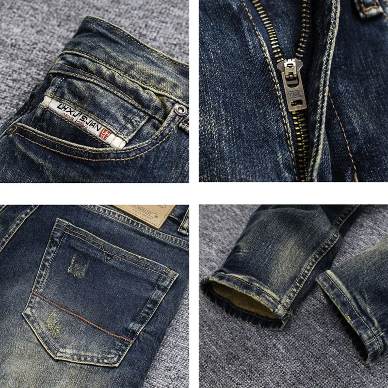 Newly Designer Fashion Men Jeans Retro Washed Stretch Straight Slim Fit Ripped Jeans Men High Quality Vintage Denim Pants Hombre