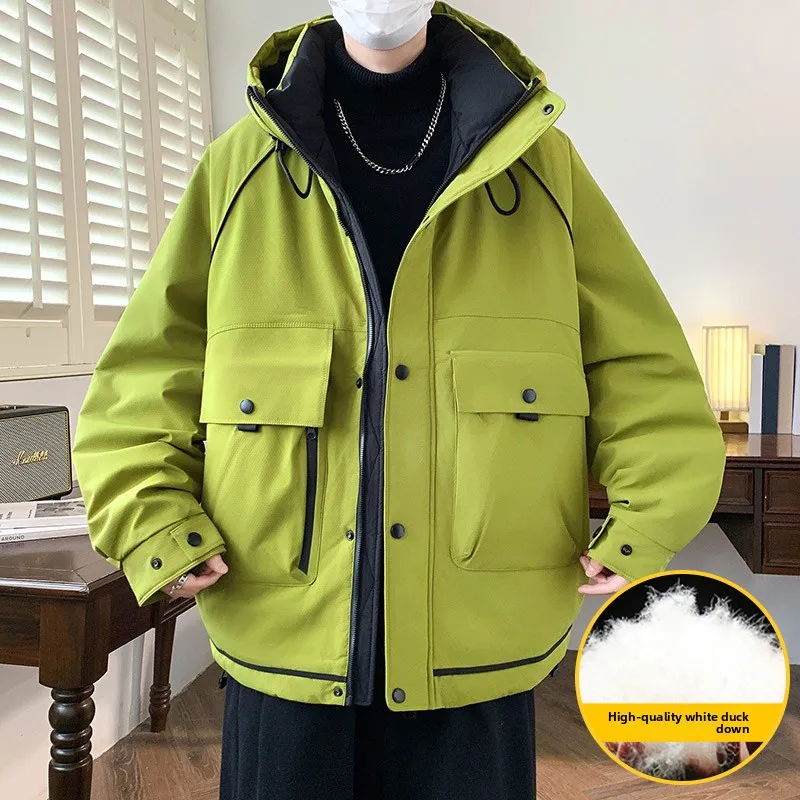American Men's Workwear Down Jacket  Men Winter Thickened White Duck Down Jacket  Men Short Loose Solid Color Hooded Windbreaker