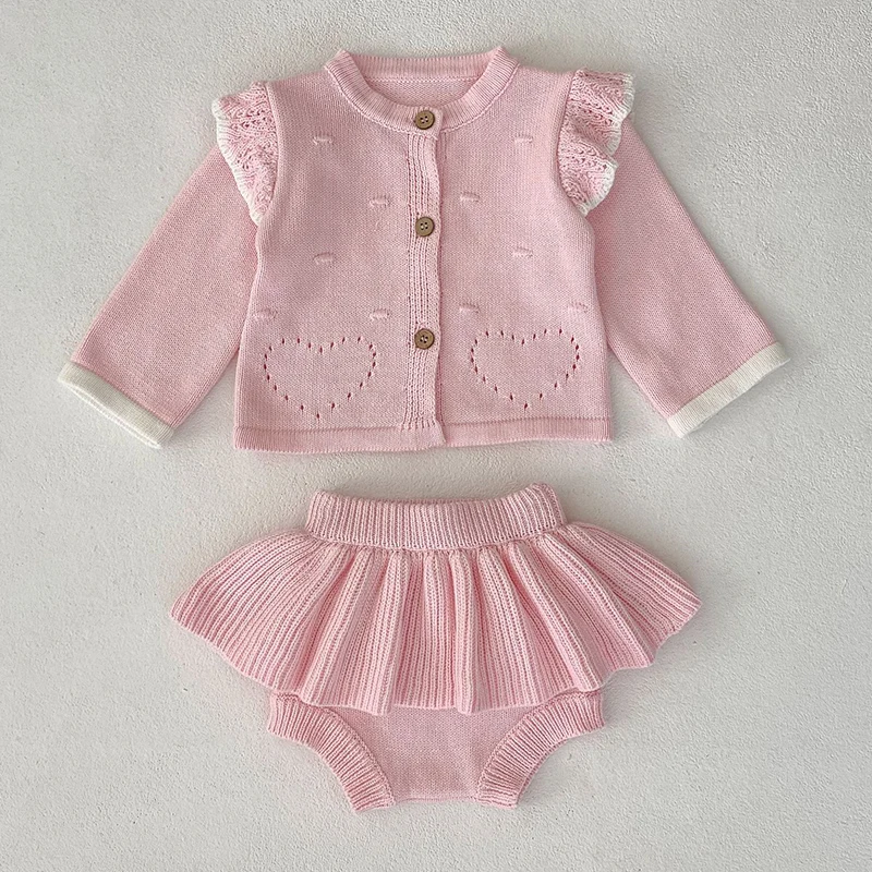 

Autumn Winter Infant Baby Girl Knitting Clothing Set Long Sleeved Cardigan Sweater+PP Shorts Toddler Baby Girls Clothes Suit