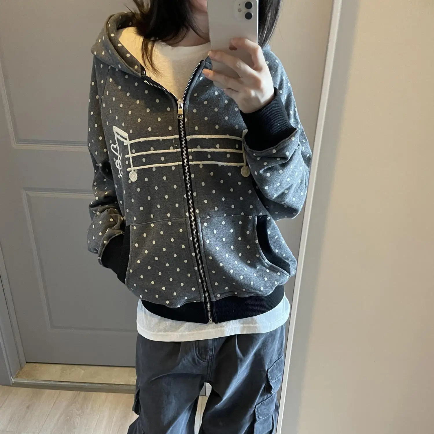 Retro American Y2K Note Polka Dot Print Hoodie Jacket Women's Autumn Winter Subculture Loose Zipper Top Girls Long Sleeve