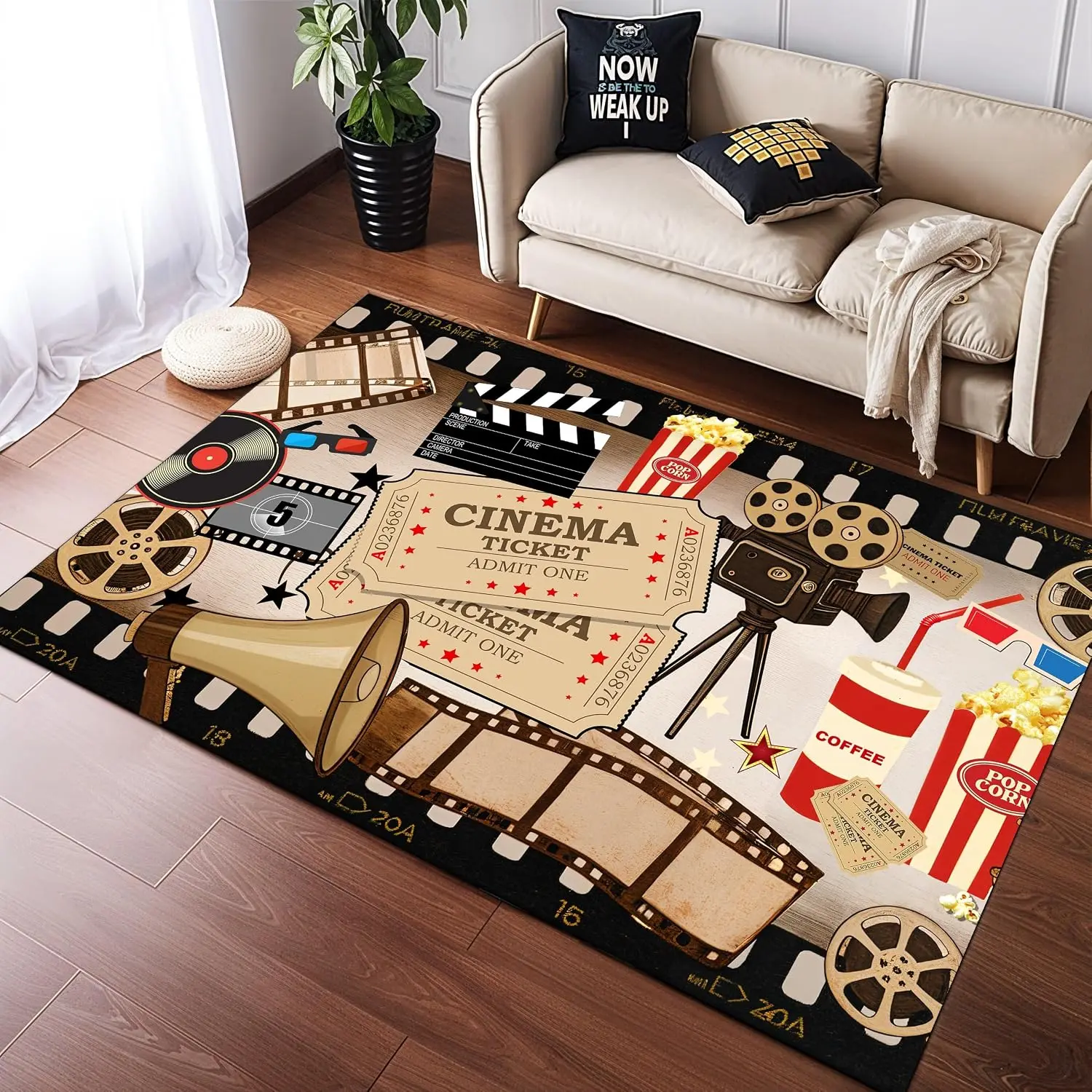 Movie Night Cinema Washable Rug, Soft Non-Slip Carpet for Home Theater Living Room, Retro Pop Culture Decor Floor Mat