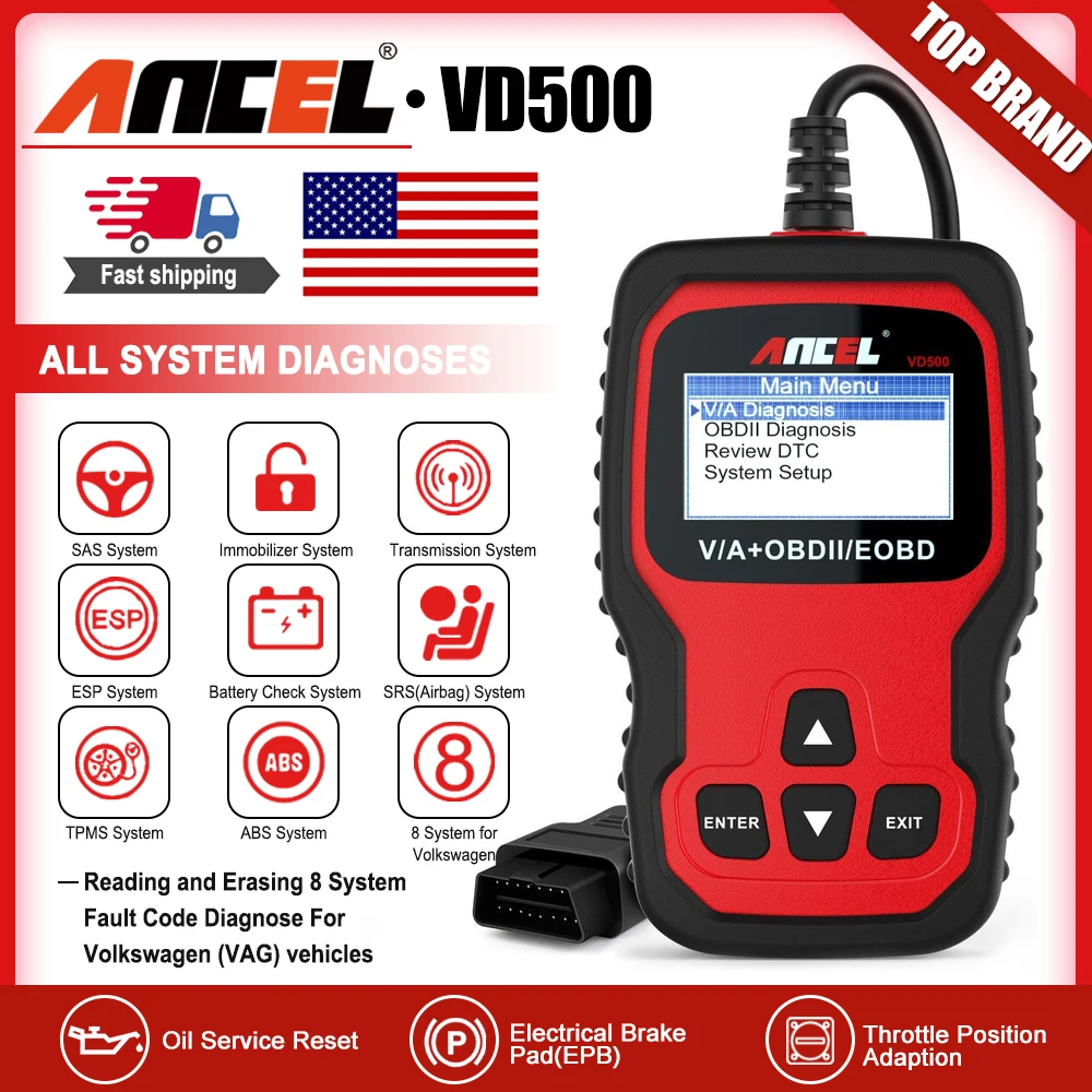 

Диагностический сканер Ancel VD500 OBD2 для автомобилей VW, Audi, Skoda, Seat: все системы, сброс ABS, SRS, EPB, сброс масляного фильтра, сканирование DTC.