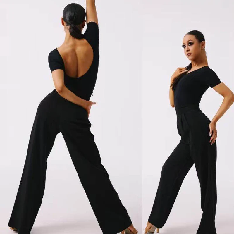 

Модный костюм для соревнований по латинским танцам, женская одежда для бальных танцев, одежда для румбы, топ с короткими рукавами, современные танцевальные брюки SL15024