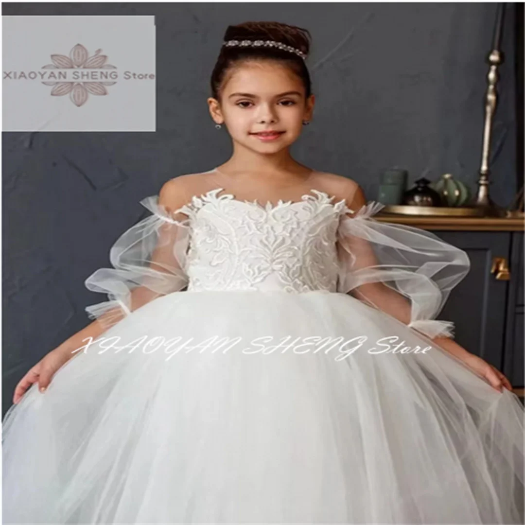 White Flower Girl Dress For Wedding Elegant Lace Tulle Applique Sleeveless O-neck Puffy Birthday Ball First Communion Gown