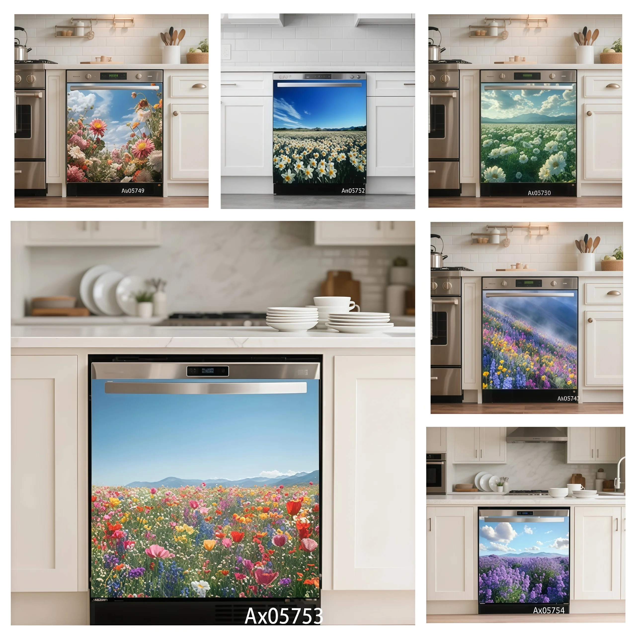 Fresh Spring Wild Daisy Poppy Flower Field Dishwasher Door Sticker Self Adhesive Flower Cabinet Washer Door Decor Wallpaper