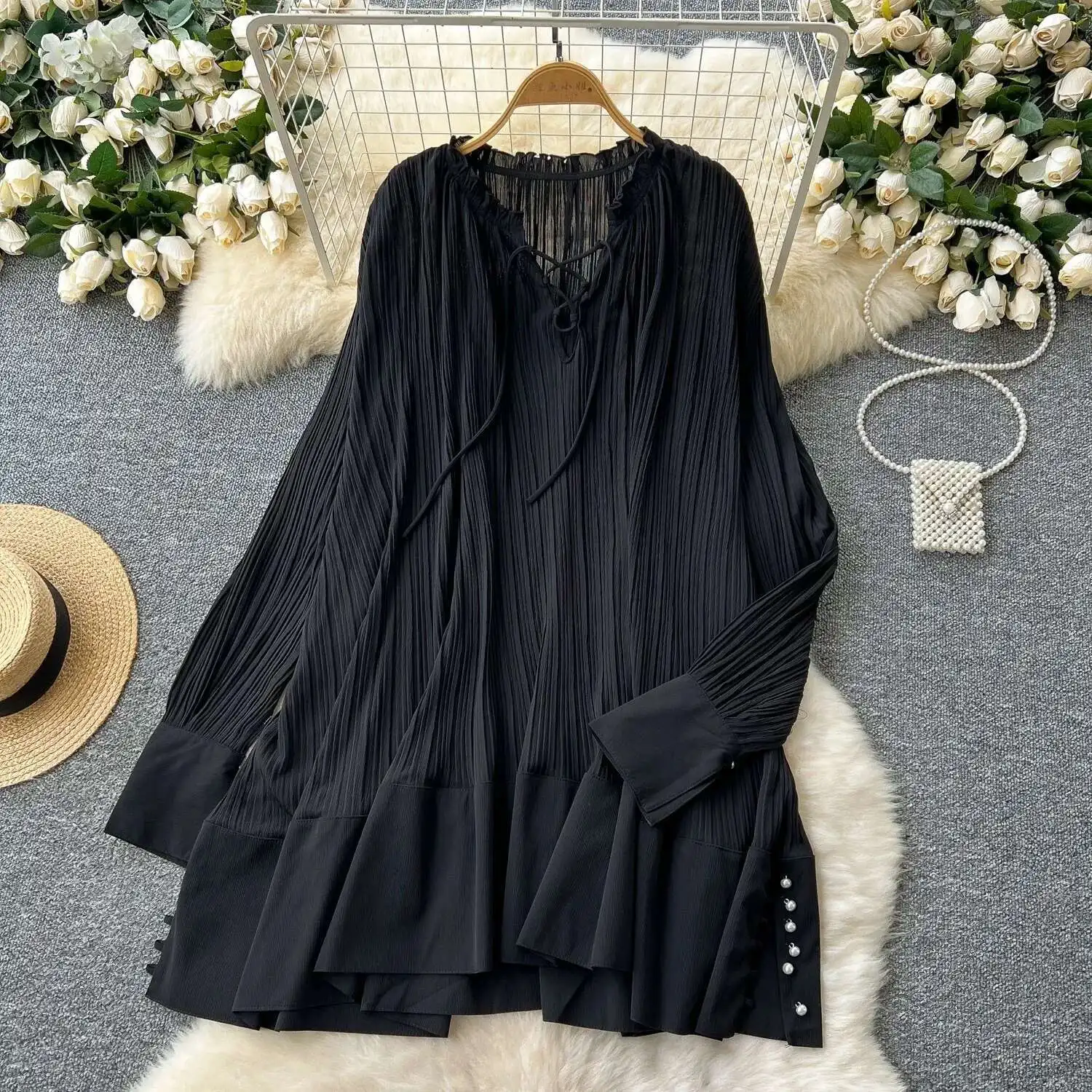 

and Autumn Solid Color Sweet Spring Loose Lotus Leaf Edge Skirt Long Sleeve Horn Sleeve Head Women's Middle Long Skirt Dress