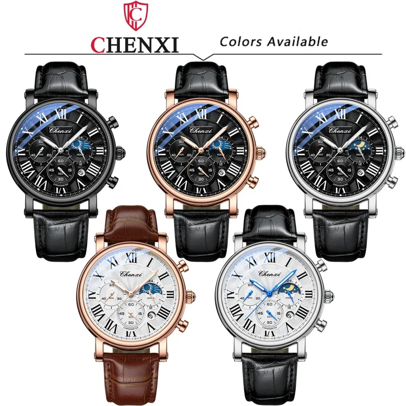 CHENXI 973 Men's Wristwatch Multi-functional Business Watch Moon Phase Date Waterproof Rome Dial Leather Quartz Watches for Man images - 6