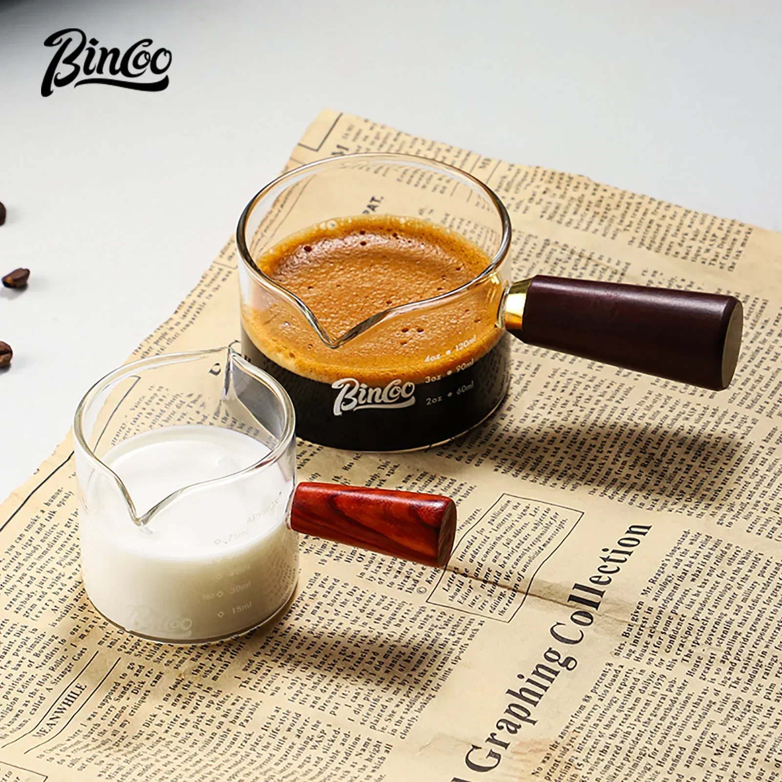 Bincoo Espresso Coffee Extraction Cup With Scale Glass Measuring Cup Espresso Cup Wooden Handle Small Milk Cup Milk Jug