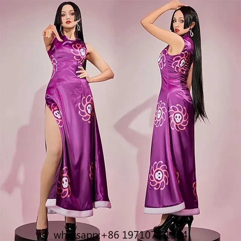 Boa Hancock Cosplay Costume Anime Kimono Purple Dress Cheongsam Cloak Women Halloween Fancy Dress Cheongsam Uniform Suits