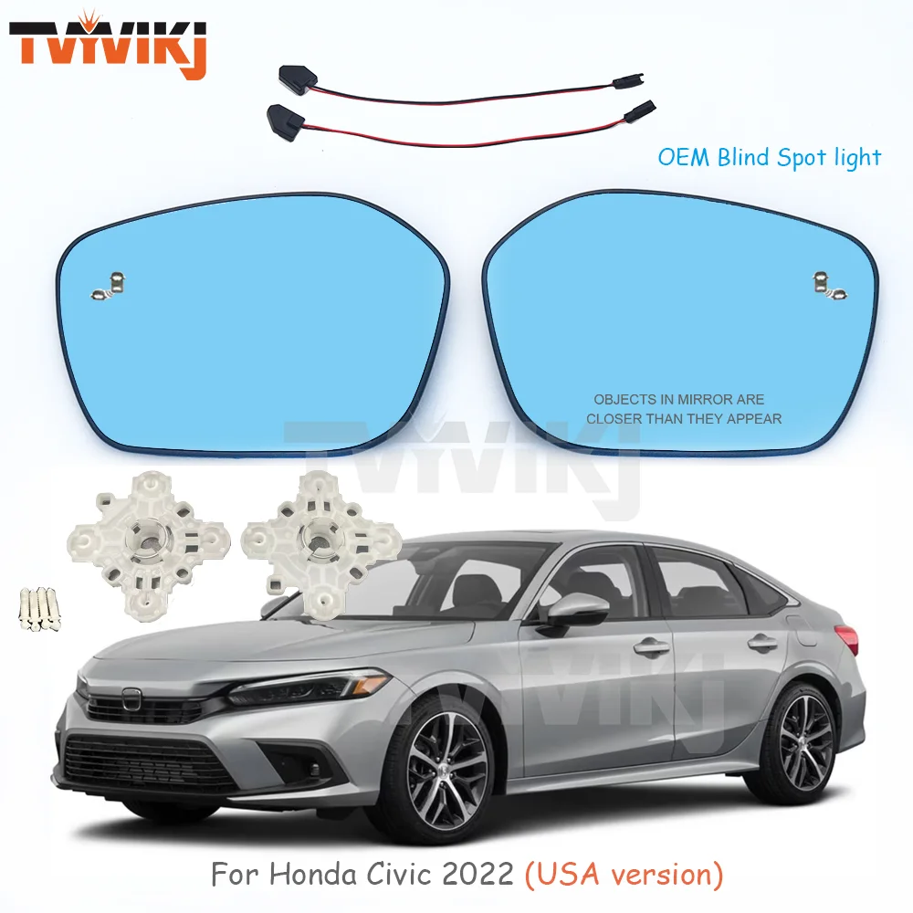 1 pair Side Rearview Mirror Blue Glass Lens OEM Blind Spot light For Honda Civic 2022-2024  USA version Anti Glare car mirrors