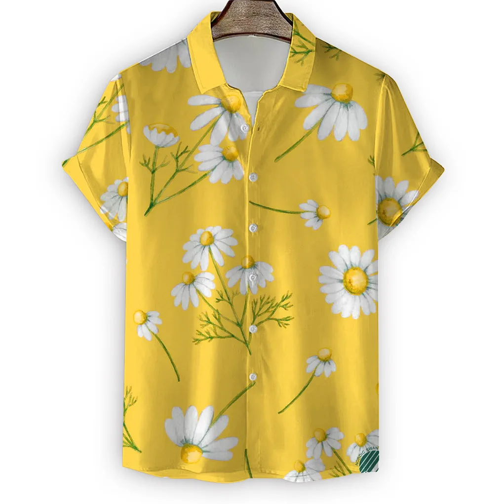 Camisa hawaiana con estampado de margaritas 3D para hombre, camiseta de manga corta a la moda de verano, blusa con patrón de crisantemo, ropa de gran tamaño