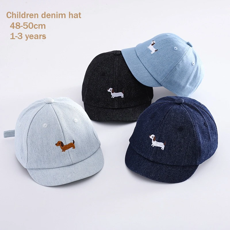 Jungen-Denim-Baseballkappe 48-50cm 1-3 Jahre Frühling Sommer Breiter Rand Mädchen Sonnenschutzkappe Verstellbare Buchstaben-Stickerei Kinderhüte