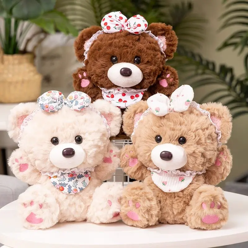 

Cute Teddy Bear Plush Toy Soft Stuffed Animal Bear Doll with Floral Bow and Bib Fluffy Bear Plushie for Kid Adults Birthday Gift
