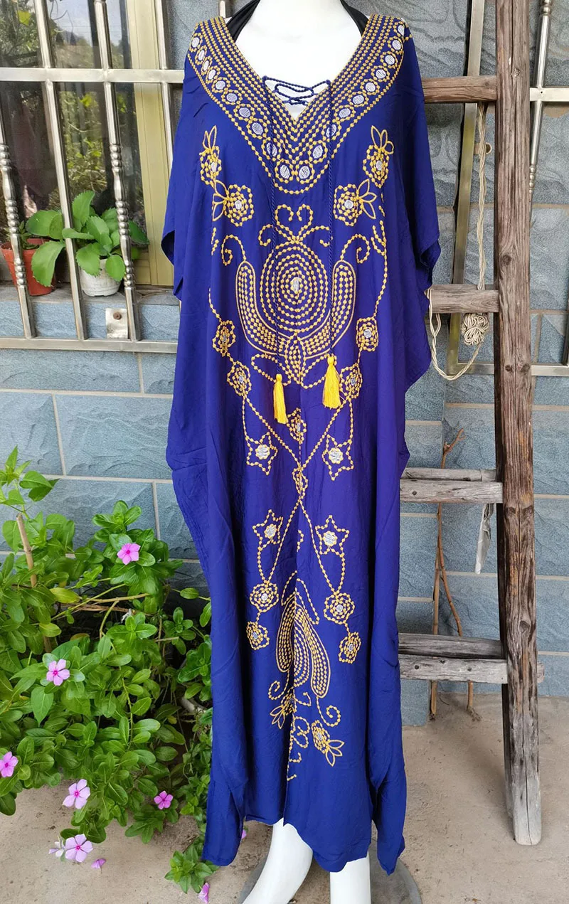 قفطان مطرز باللون الكحلي للنساء ، سترة للشاطئ ، غطاء للبيكيني ، ضمادات فضفاضة ، رقبة على شكل حرف V ، ملابس سباحة ، سترة رشيق ، ملابس شاطئ