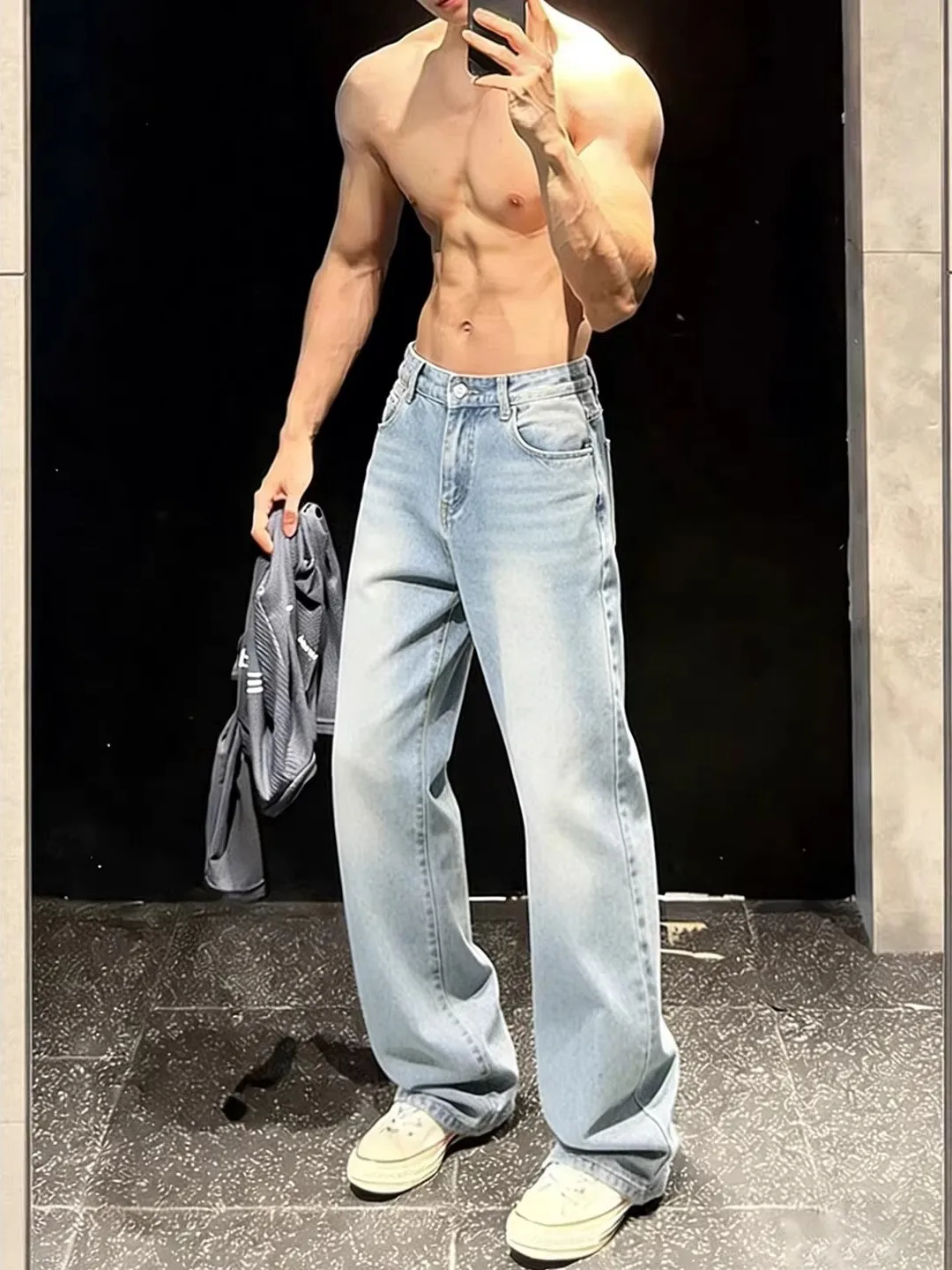 Washed Light Blue Men's Summer Fashionable Cleanfit Loose Straight Leg Jeans High Waist Decorative Stitching Casual Flared Pants