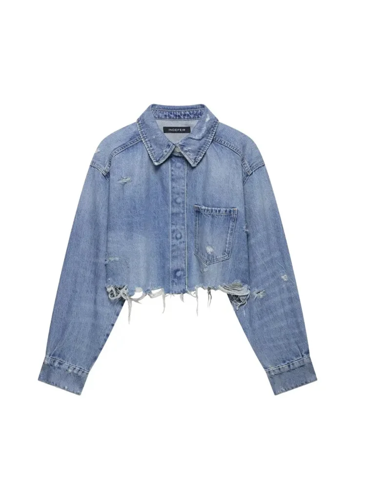 Korte damesjas van gescheurd denim, casual retro-streetstyle-top met enkele rij knopen en lange mouwen - afbeelding 2