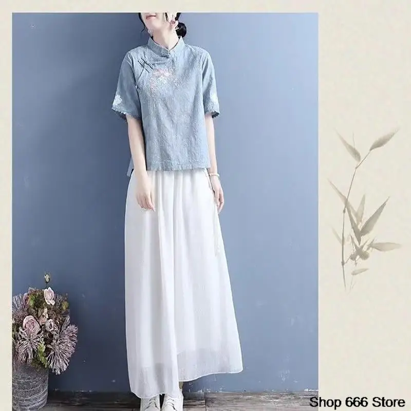 Spring Summer Cotton Linen Solid Color Standing Collar Women\'s Short Sleeve Top Chinese Style Retro Zen T-shirt Tang Suit Hanfu