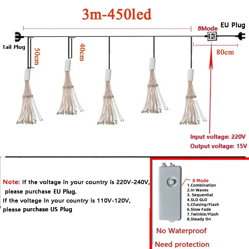 Guirnalda de luces LED de fuegos artificiales para decoración navideña, cortina de 3M, 450LEDs, para Navidad, Año Nuevo y vacaciones, 2025