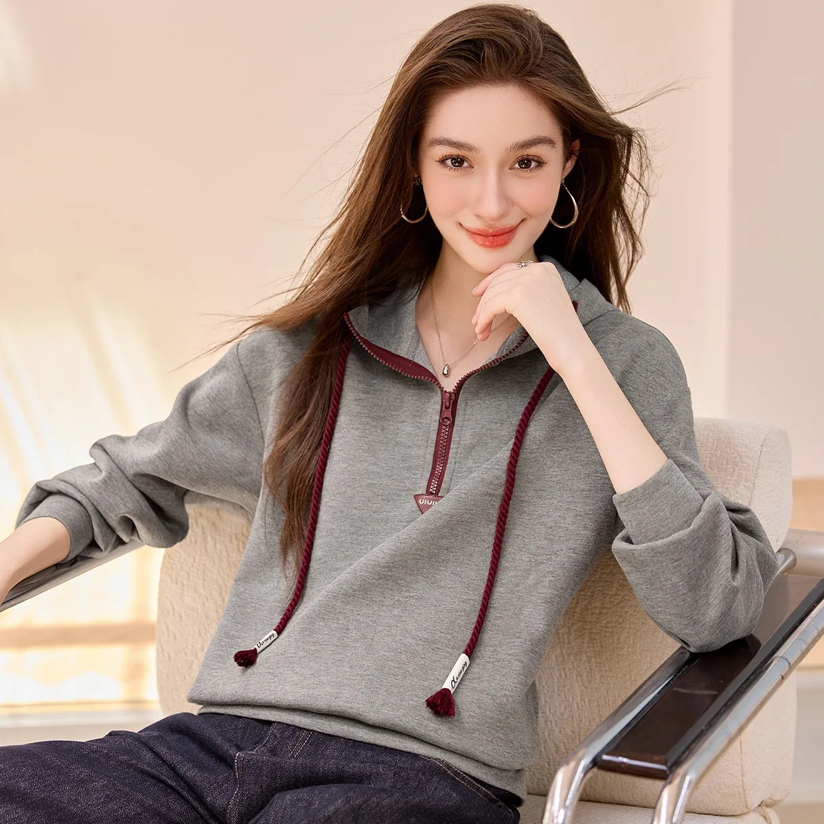 LOUIS YAO Color Contrasting Women's Sweatshirts 2025 Autumn Casual Oversized Drop-Shoulder Zipper Design Women's Knit Hoodies