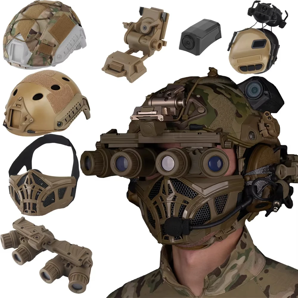 

Tactical Airsoft Helmet Sets with FAST Paintball Helmet Camouflage Helmet Cover Tactical Headset Half Face Mask NVG Model