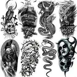 8 Sheets Dragon Ship Compass Temporary Tattoos For Women Adults Fake Snake Tattoos Spartan Warrior Eagle Tattoo Stickers Vampire