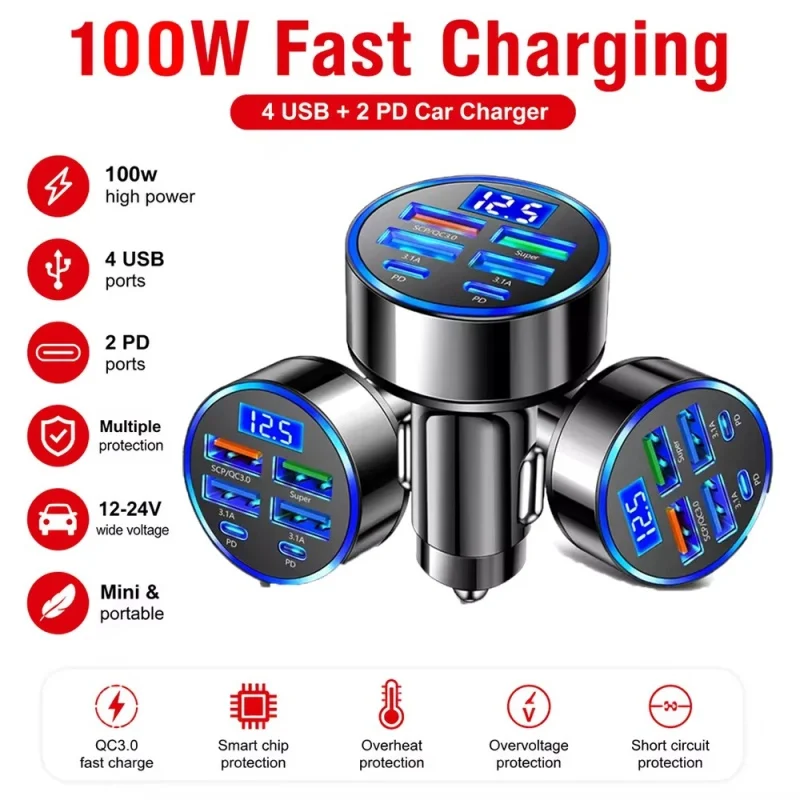 100W 6 Ports Car charger Fast charging PD Qc3.0 USB C Car Phone charger Type C Adapter in Car For iPhone Samsung Huawei Xiaomi