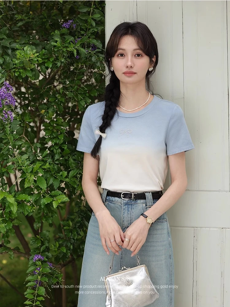ALXNAN Women's T-Shirt Ombre Short Sleeve T-Shirt 2025 Summer Slim Fit Casual Office Elegant Korean Popular Top Female L537108