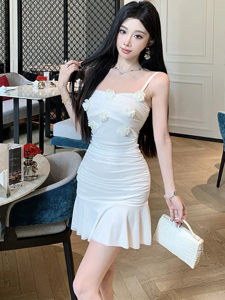 

Women Korean Fashion Elegant Kawaii Dress Summer White Mesh Sling Sexy Mini Dress 2025 New Bodycon Chic Ruffled Birthday Dresses
