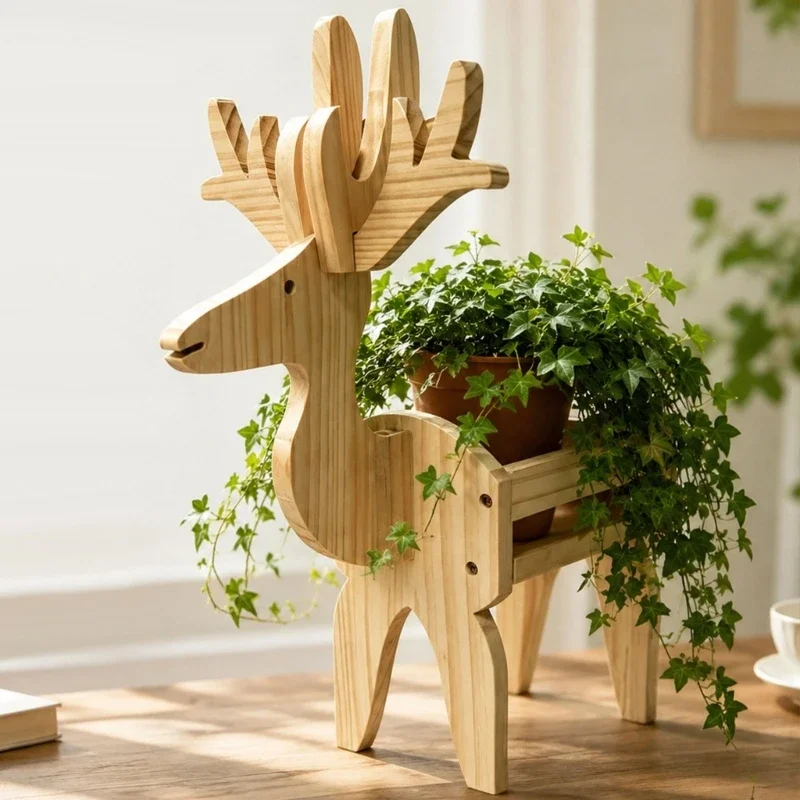 Wooden Deer Plant Stand Display Rack with Open Tray, Wood-Look Plant Rack for Desk, Shelf, Windowsill, and Living Room Y5GB