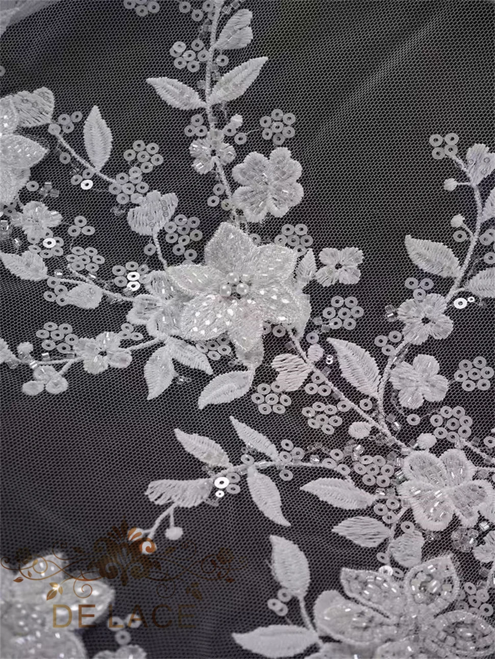 RX Latest European Style Embroidery Lace Delicate 3D Flower Fabric With Beaded Wedding Dress Sequins Lace Fabric