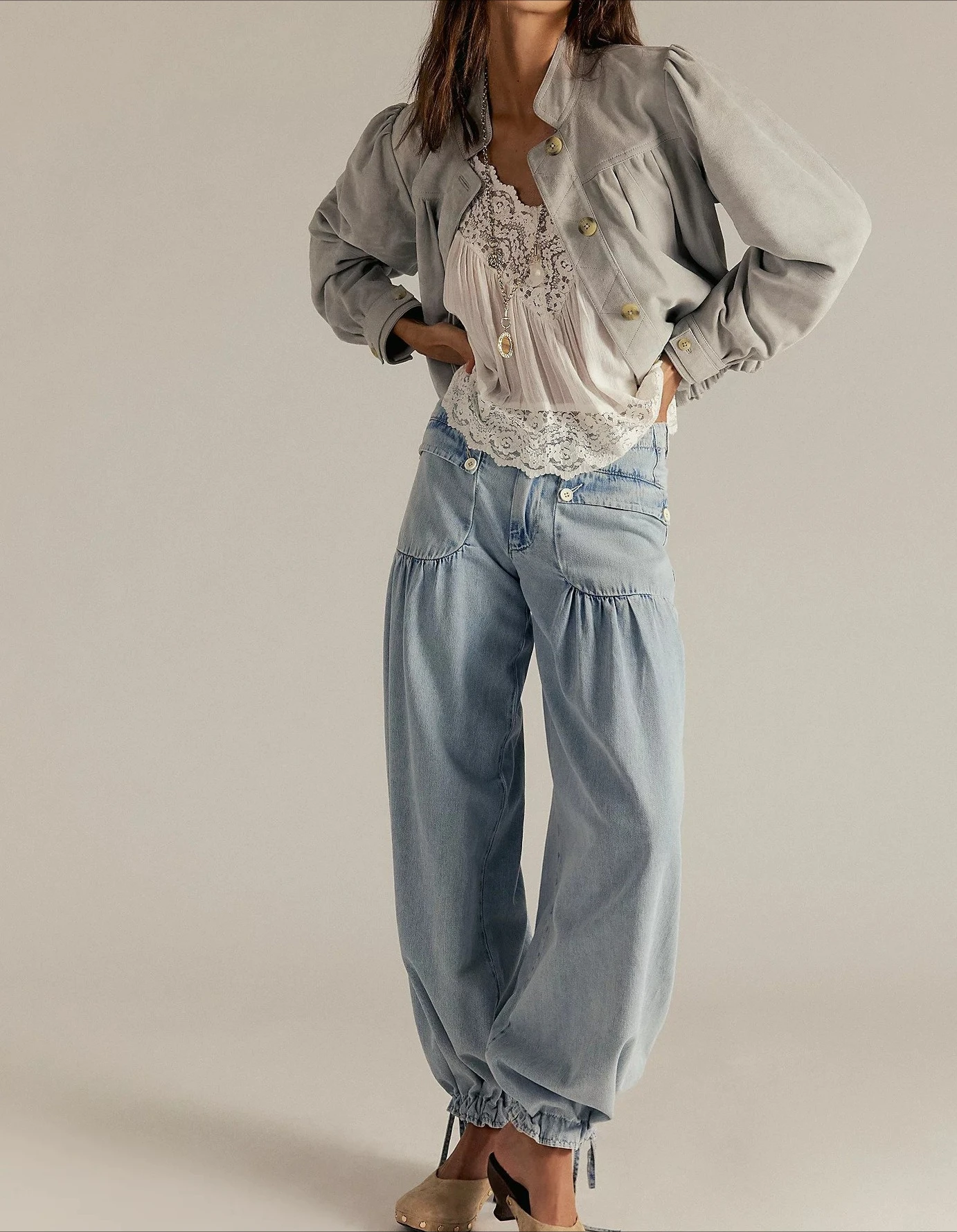 2025 New Style Ruffled Mid-Waist Loose-Fitting Wide Leg Lotus Denim Pants for Women