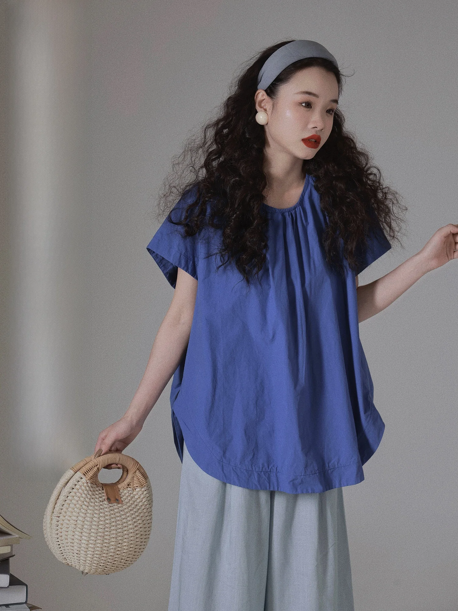 

Dopne round Ne Loose Lazy irt Pure Color Small Fly Sve Top Original Design Cotton Blend Summer Faion Women's irt