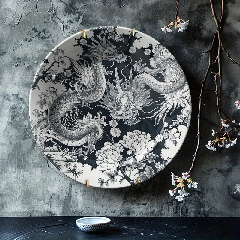 2D Flat, 1pc Hand-Painted Ceramic Plate Suitable for Home, Living Room, Bedroom - Vintage Oriental Dragon & Floral