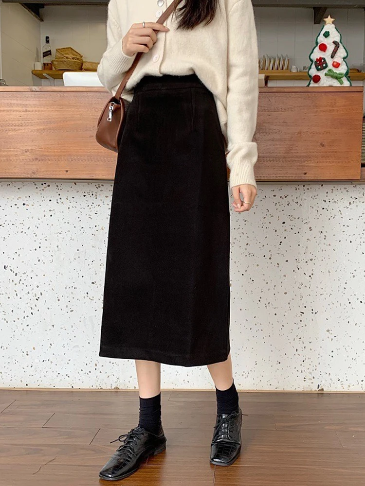 High Waist A-Line  Skirt for Women Spring Autumn Wool Blend Slimming Split Bla Hip Covering Skirts Korean Sle Commute