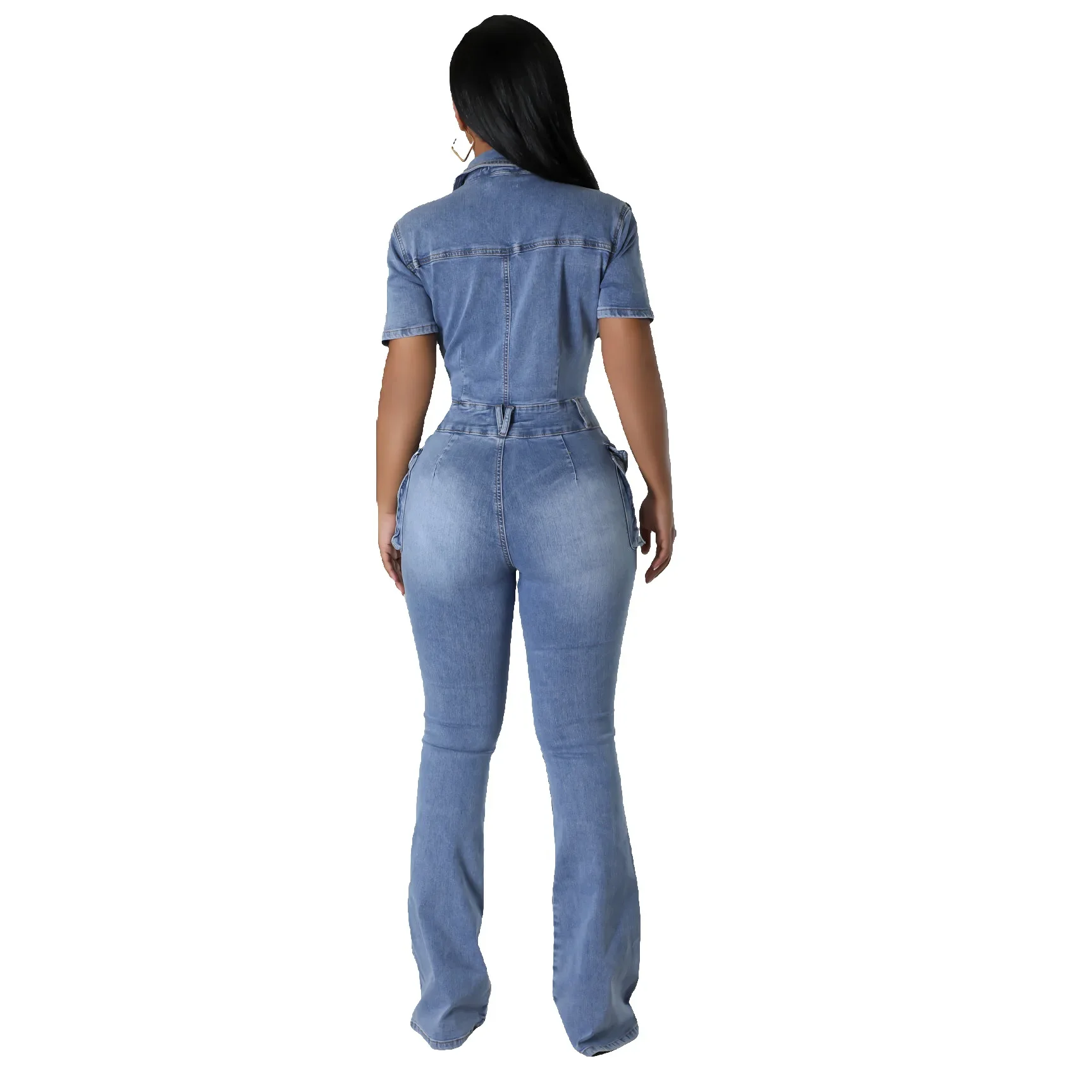 Streetwear Jeans Jumpsuits Summer Women Turndown Collar Bodysuit Flare Pants Pockets Denim Rompers Sexy One Pieces Overalls