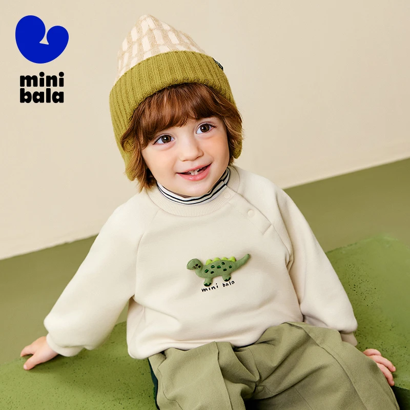 

Мини-толстовка для мальчиков Bala, новинка зимы 2025, двухслойный топ с изображением динозавра на открытом воздухе, топ с высоким воротником