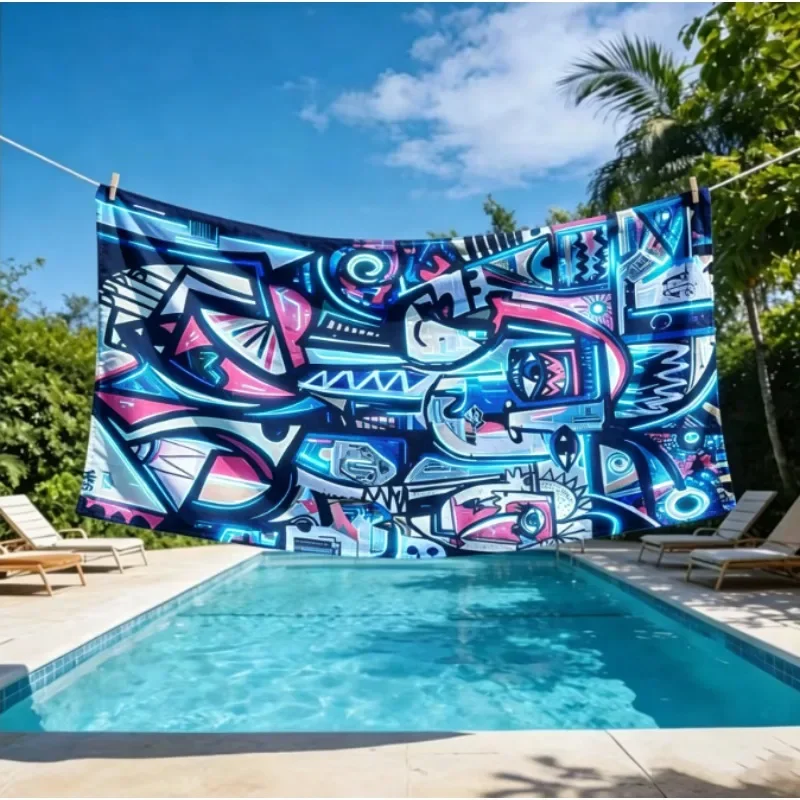 Oversized Microfiber Beach Towel, Vibrant Abstract Graffiti Art Print, Quick Dry Sand Resistant