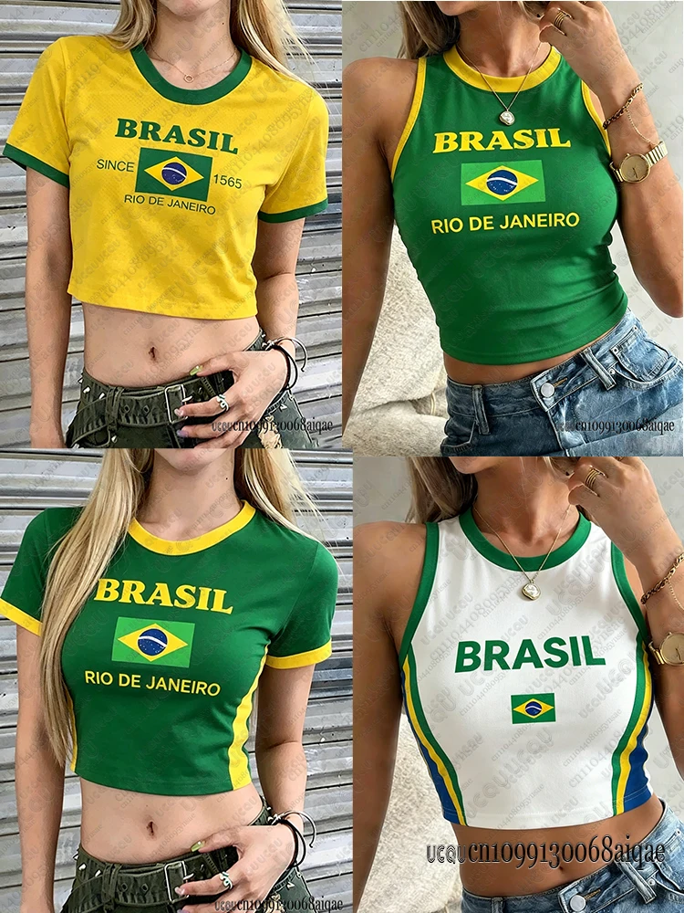 Brazil Flag Pattern Crop Top&Tank Crop Top For Women Summer Casual Street Tops Girls Students Sexy Tops Y2K Brazil Sports Tees